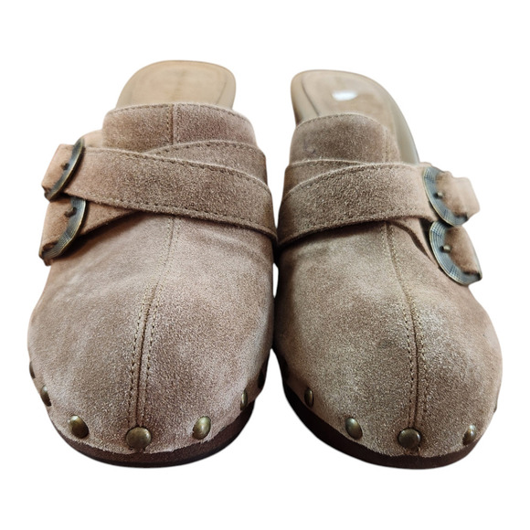 Dana Buchman tan suede buckle stud heel clog mules sz 8.5 Y2K leather Vtg - Picture 4 of 10